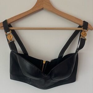 Versace Black Leather Bralette with Gold Details